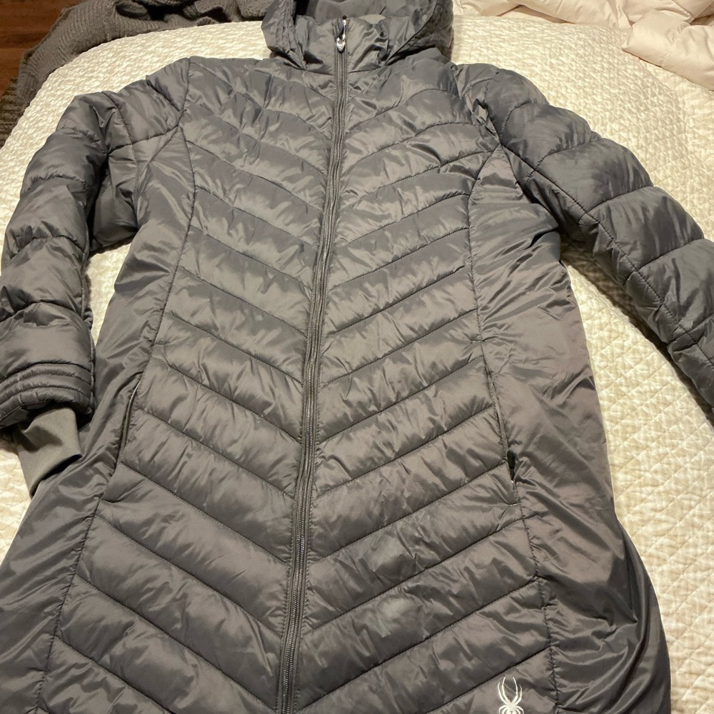 Spyder Long Hooded Quilted Puffer Jacket in Gray